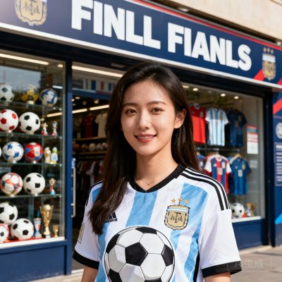 产品VP王雅婷，资深足球迷，在球迷商店前留影